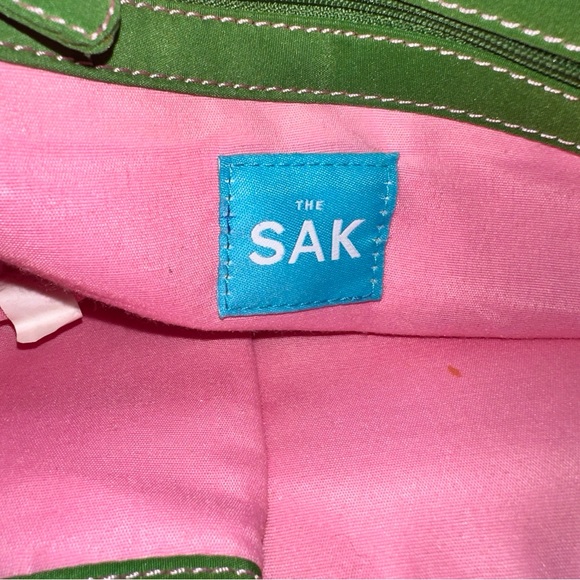 The SAK Belinda Satchel Kelly Green Knit Bag Pink Trim Canvas Straps Buckles - Picture 6 of 12